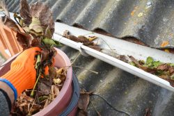 man taking leaves out of gutter